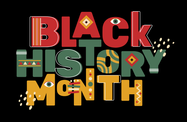 Graphic with Black History Month in text in red, green, and yellow stylized letters