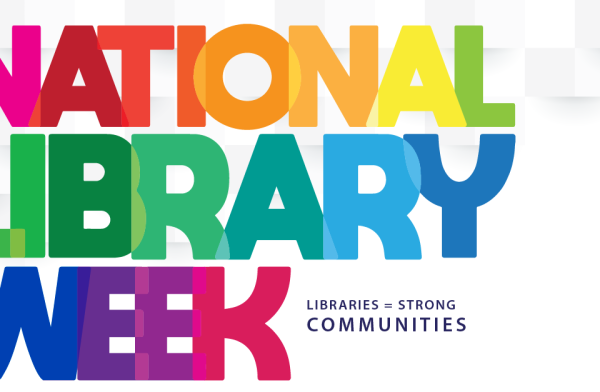 National Library Week written in rainbow colors on a white background