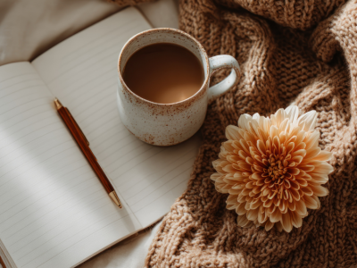 Image of a mug filled with coffee, a notebook, pen, blanket and flower