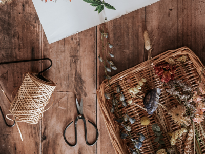 image of craft supplies on a wooden table.