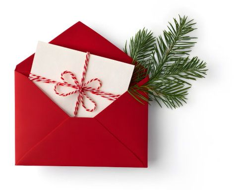 Image of a holiday card in a red envelope