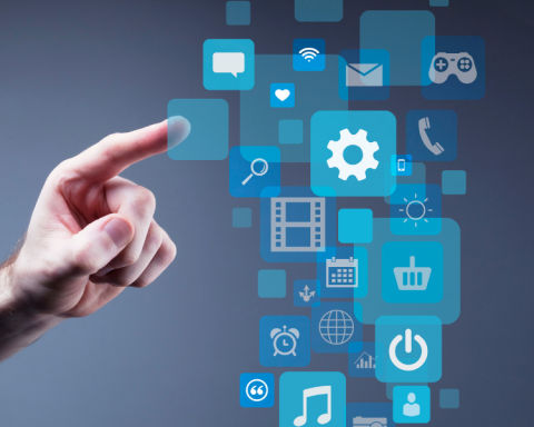 Image of a hand pressing a holographic button