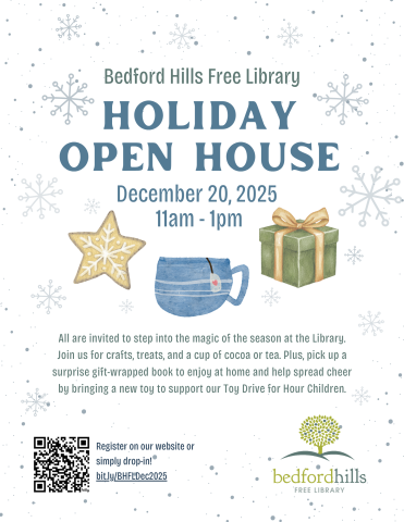 Image of a flyer with the text "Holiday Open House" in blue and details about the event below
