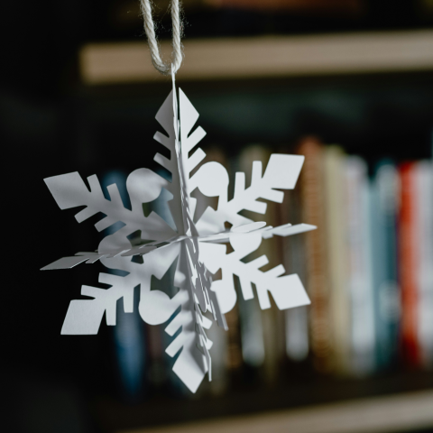 Image of a paper snowflake in front of shelves of books