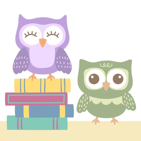 Clipart image of a purple owl standing on a stack of books next to a green owl