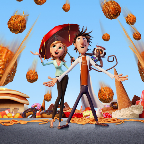 Image of spaghetti and meatballs raining from the sky from the movie Cloudy with a Chance of Meatballs