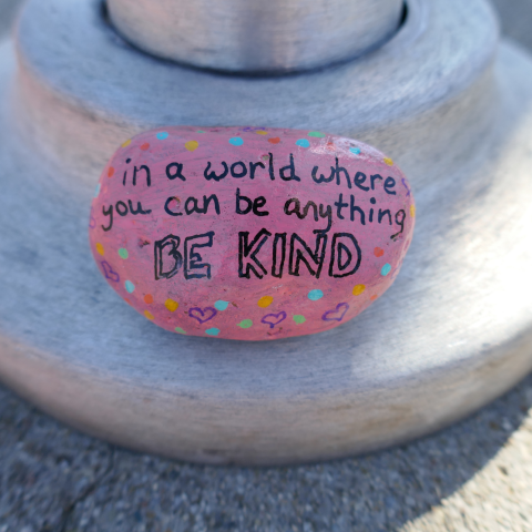 Image of a rock painted pink with the words "In a world where you can be everything BE KIND"