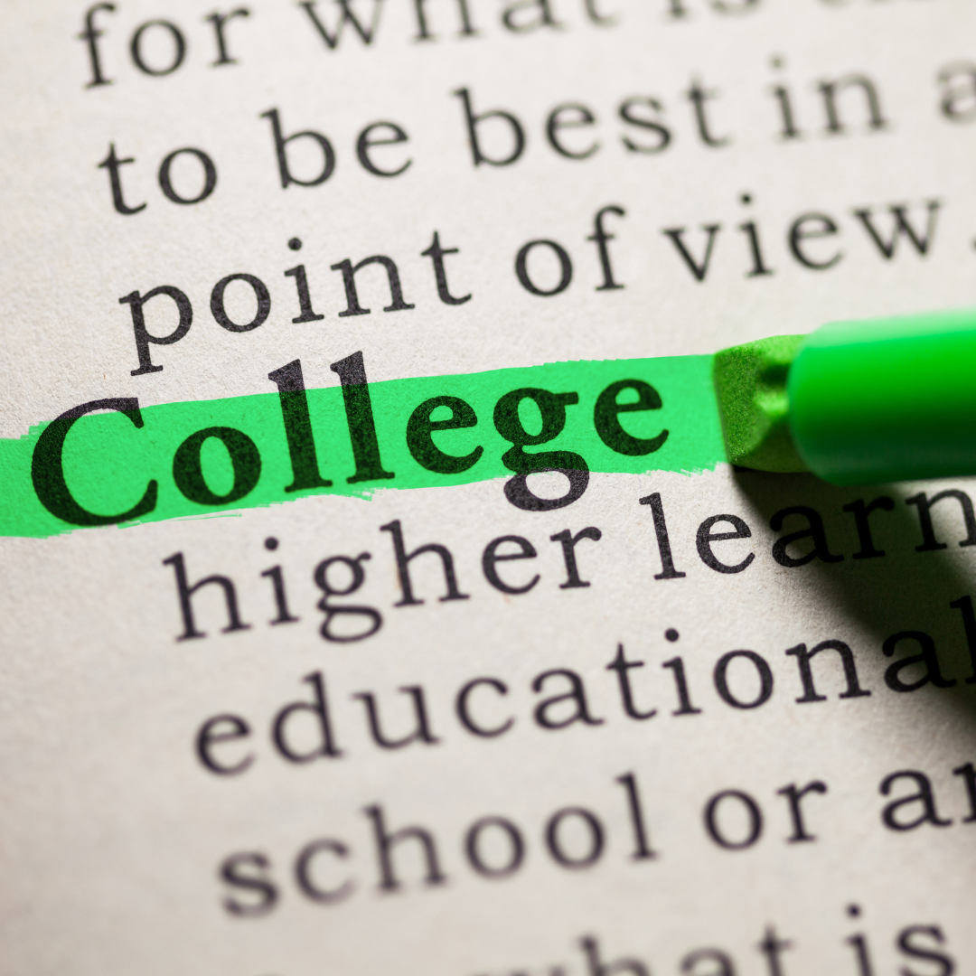 Photograph of a page of text with the word College highlighted in Green