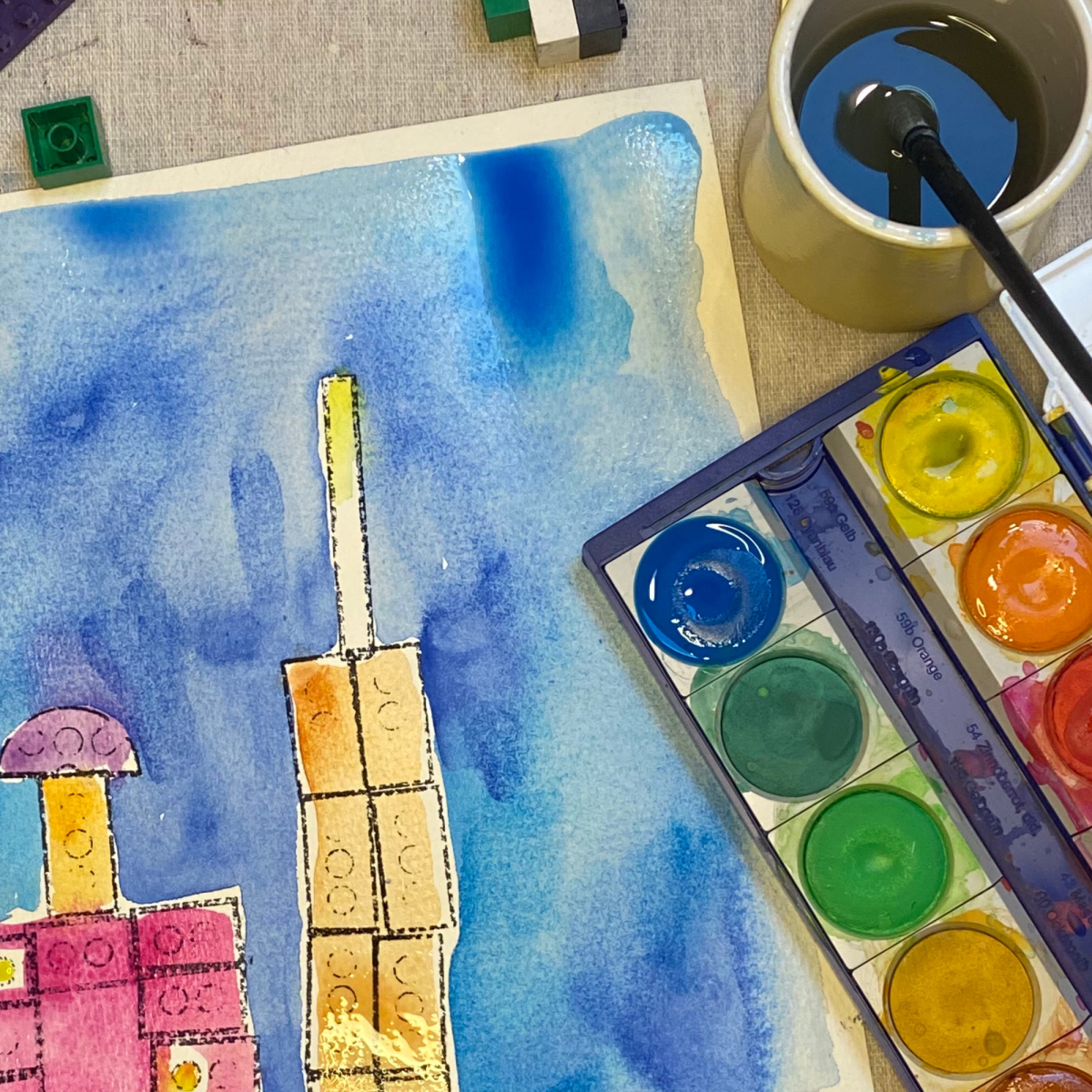 Image of lego print with watercolors