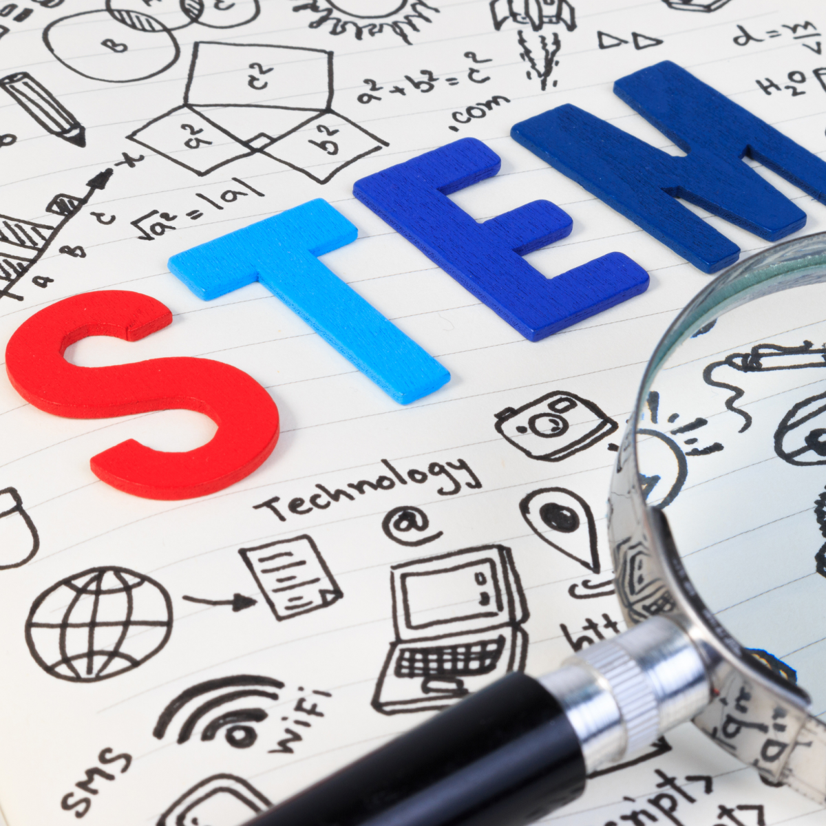 Image of the letters STEM on a hand drawn background with a magnifying glass in the corner