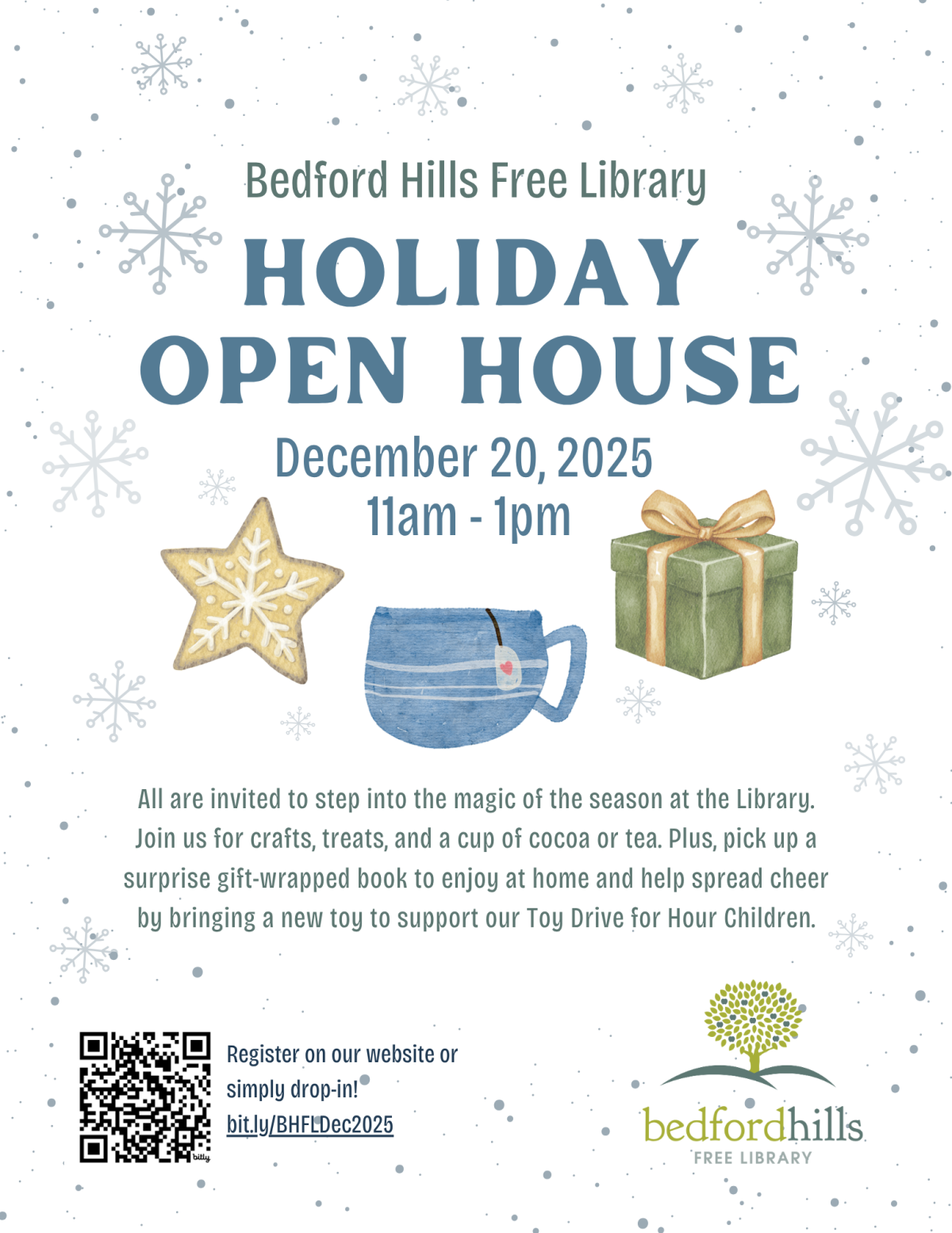 Image of a flyer with the text "Holiday Open House" in blue and details about the event below