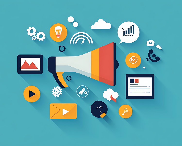 image of a megaphone with various digital icons surrounding it, on a blue background