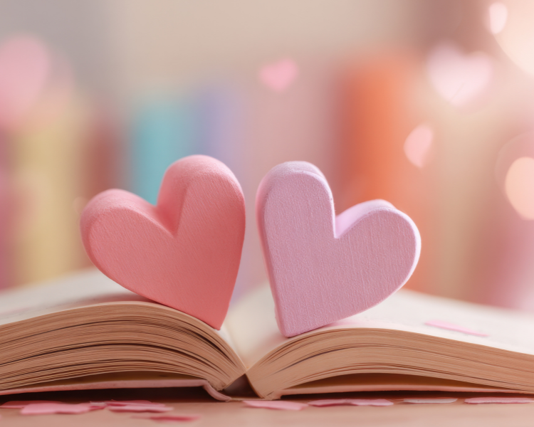 Image of pink and purple hearts on an open book with a pink background