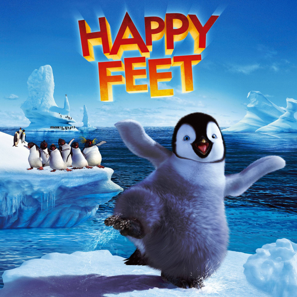 Cropped poster for Happy Feet with a dancing baby penguin on an icy landscape