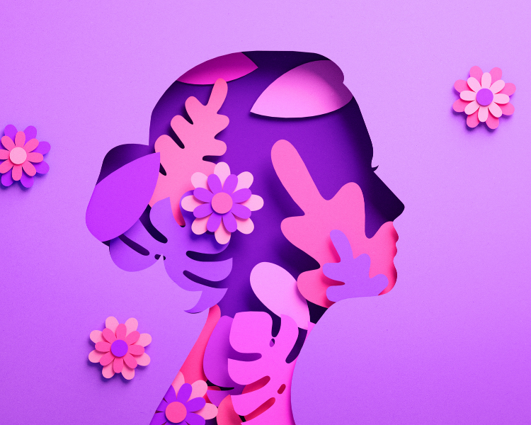 Silhouette of a side profile of a woman's face with a purple background and flowers