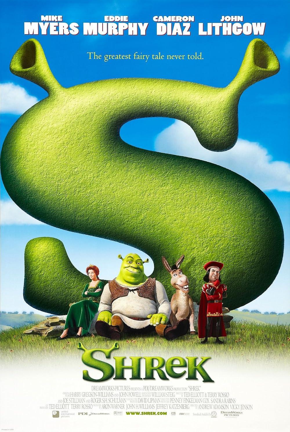 Movie poster for Shrek with a Giant S and the characters underneath it